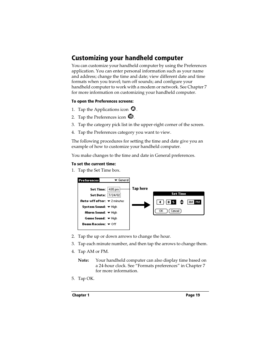 Customizing your handheld computer, To open the preferences screens, To set the current time | 3Com TRGpro User Manual | Page 27 / 260