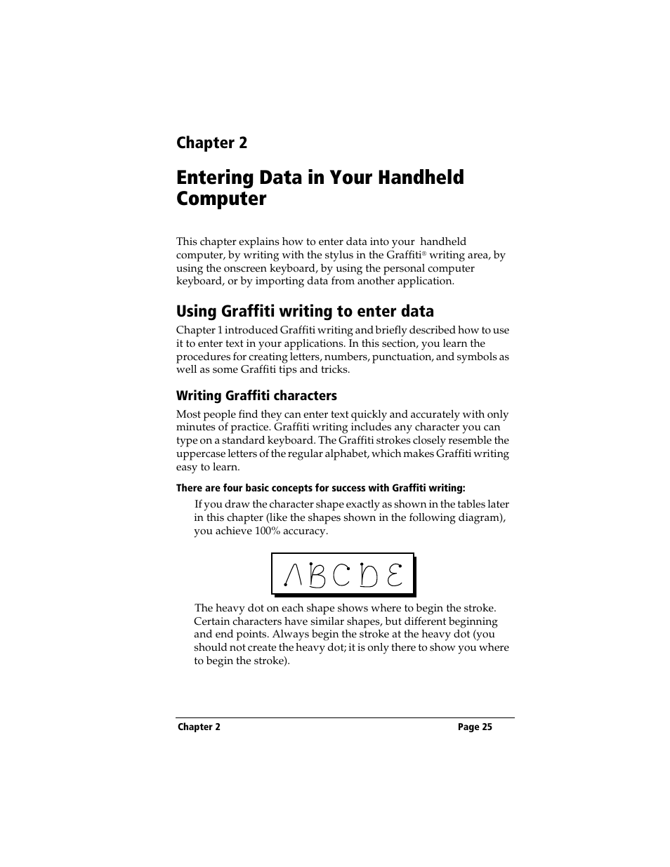 Chapter 2, Entering data in your handheld computer, Using graffiti writing to enter data | Writing graffiti characters | 3Com TRGpro User Manual | Page 33 / 260