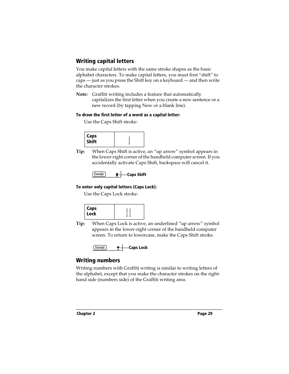 Writing capital letters, To enter only capital letters (caps lock), Writing numbers | 3Com TRGpro User Manual | Page 37 / 260