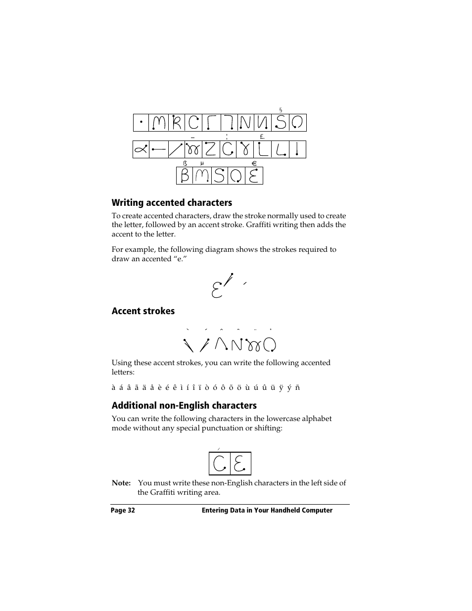 Writing accented characters, Accent strokes, Additional non-english characters | 3Com TRGpro User Manual | Page 40 / 260