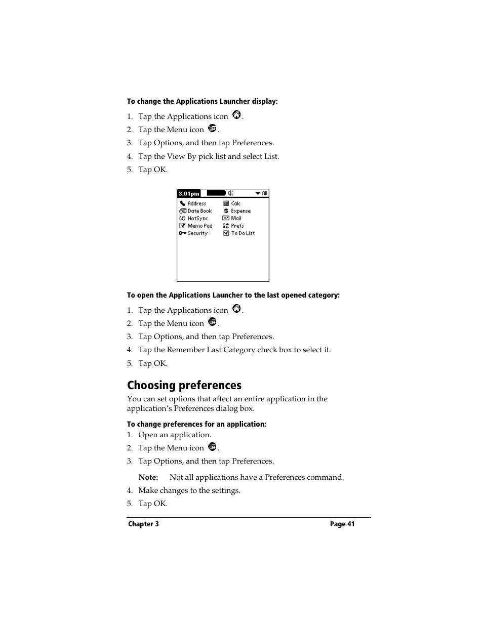 To change the applications launcher display, Choosing preferences, To change preferences for an application | 3Com TRGpro User Manual | Page 49 / 260