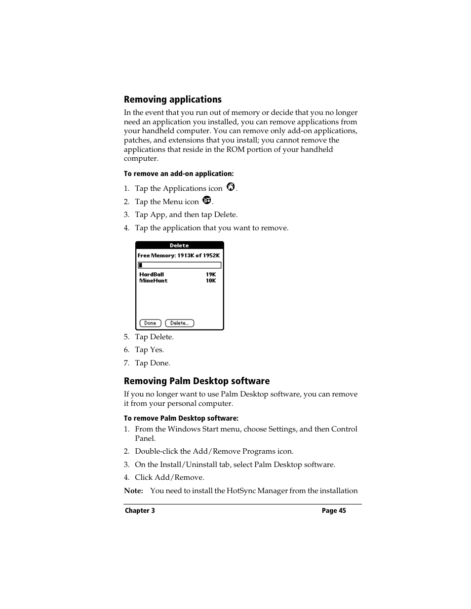 Removing applications, To remove an add-on application, Removing palm desktop software | To remove palm desktop software | 3Com TRGpro User Manual | Page 53 / 260