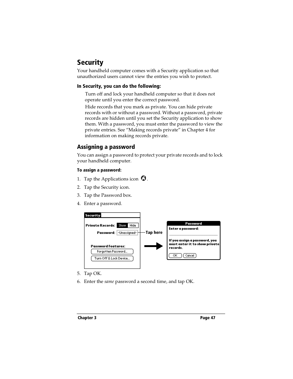 Security, In security, you can do the following, Assigning a password | To assign a password | 3Com TRGpro User Manual | Page 55 / 260