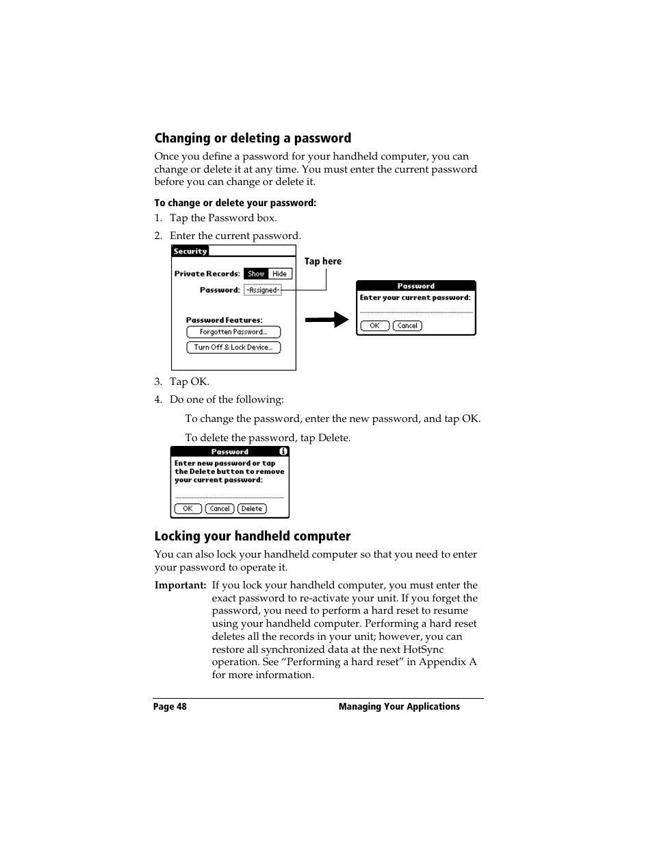 Changing or deleting a password, To change or delete your password, Locking your handheld computer | 3Com TRGpro User Manual | Page 56 / 260