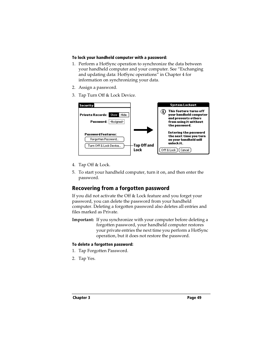 To lock your handheld computer with a password, Recovering from a forgotten password, To delete a forgotten password | 3Com TRGpro User Manual | Page 57 / 260