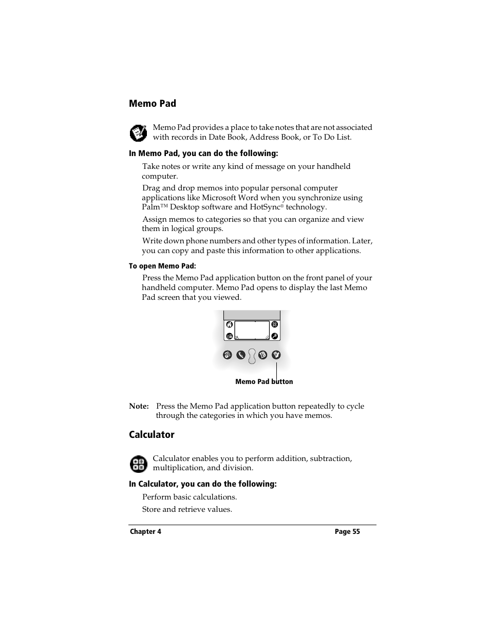 Memo pad, In memo pad, you can do the following, To open memo pad | Calculator, In calculator, you can do the following | 3Com TRGpro User Manual | Page 63 / 260