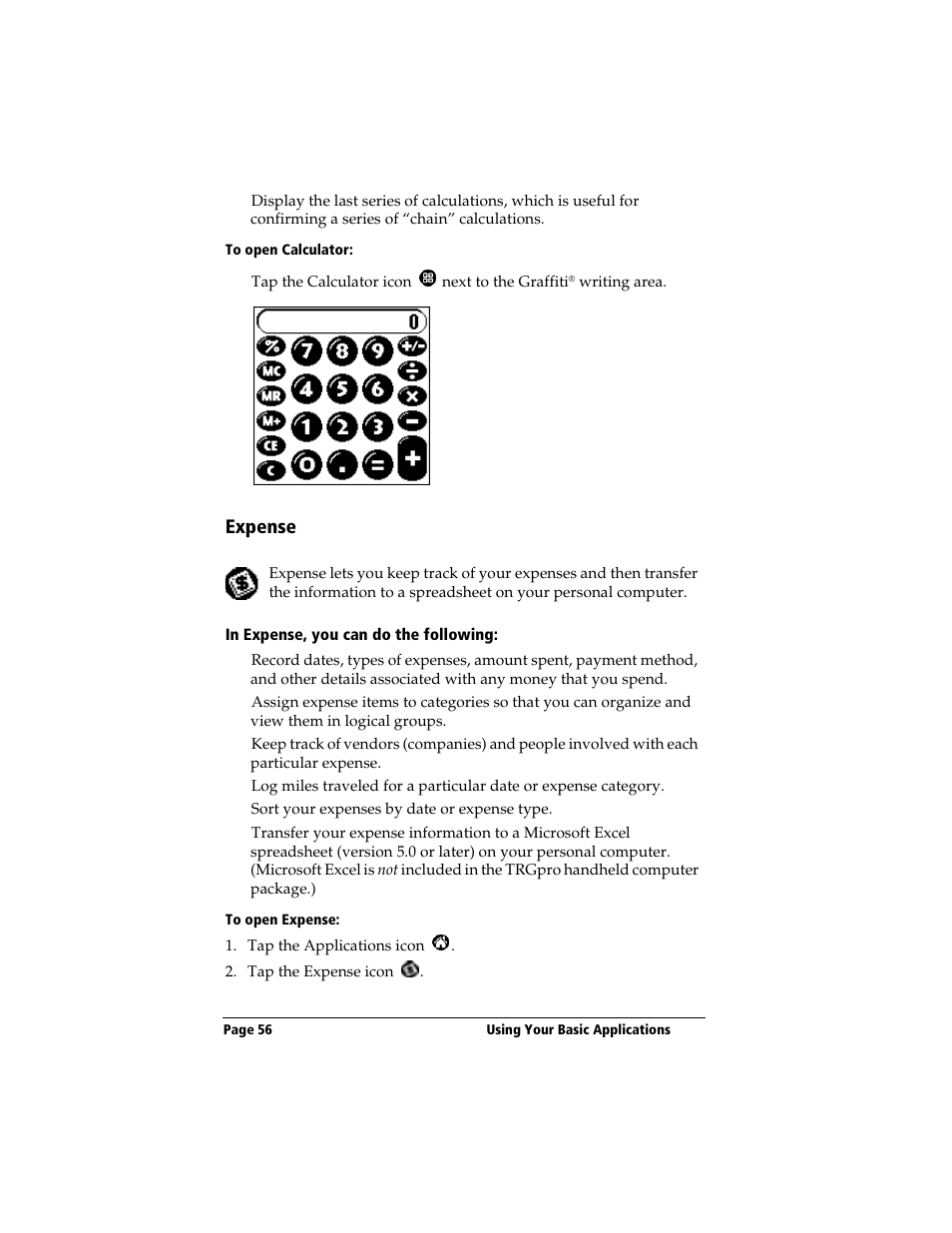 To open calculator, Expense, In expense, you can do the following | To open expense | 3Com TRGpro User Manual | Page 64 / 260