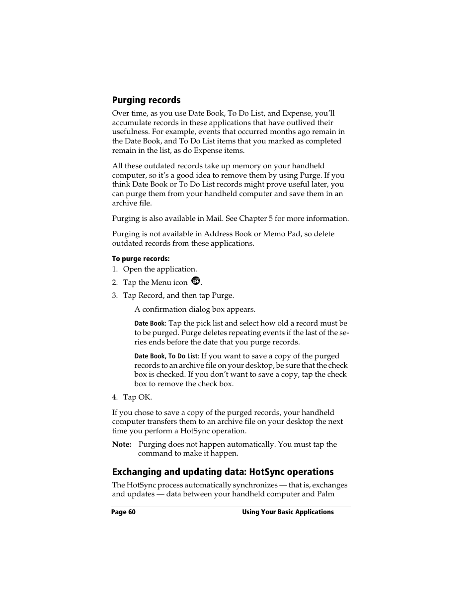 Purging records, To purge records, Exchanging and updating data: hotsync operations | 3Com TRGpro User Manual | Page 68 / 260