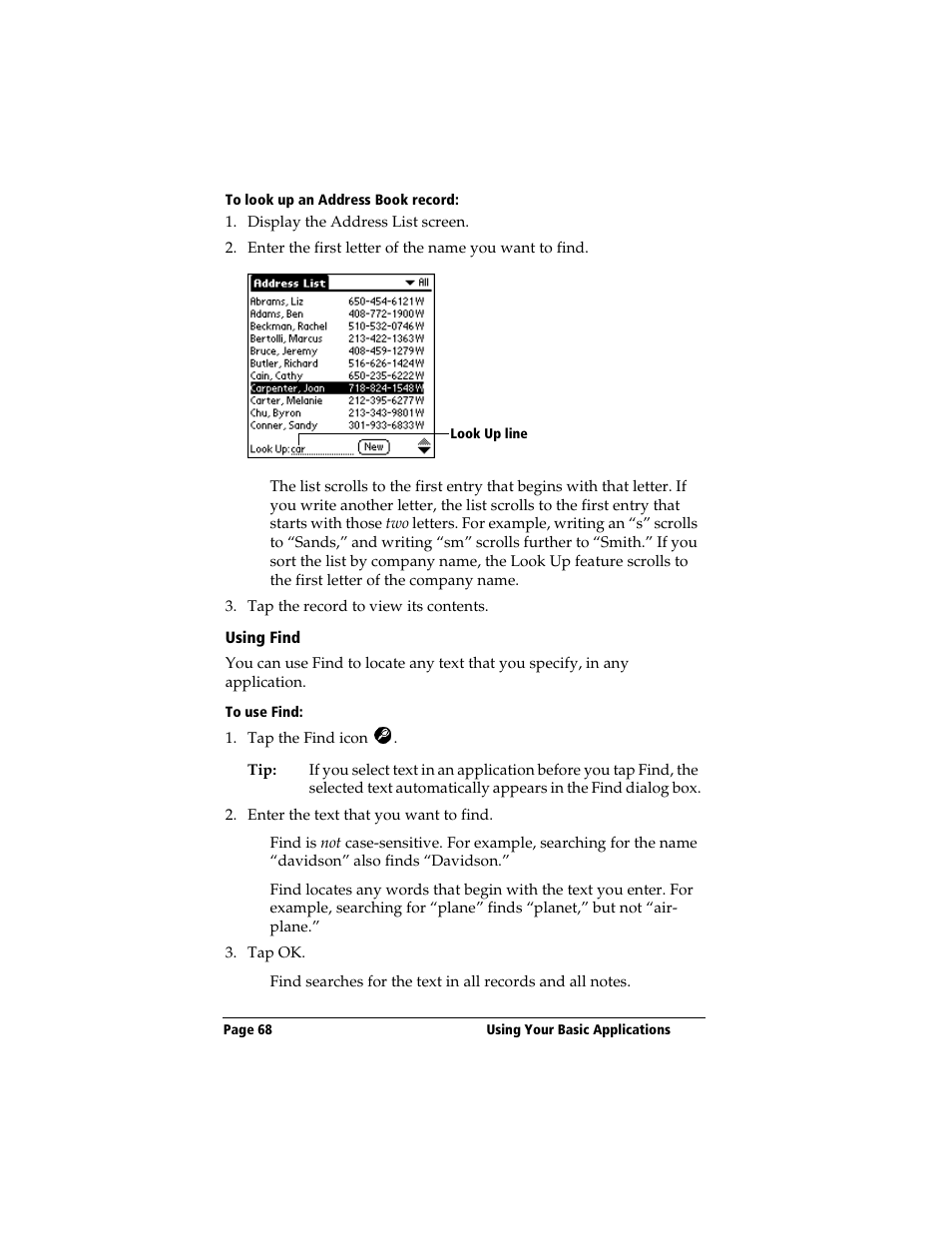 To look up an address book record, Using find, To use find | 3Com TRGpro User Manual | Page 76 / 260