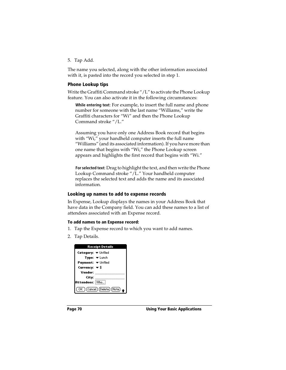 Phone lookup tips, Looking up names to add to expense records, To add names to an expense record | 3Com TRGpro User Manual | Page 78 / 260