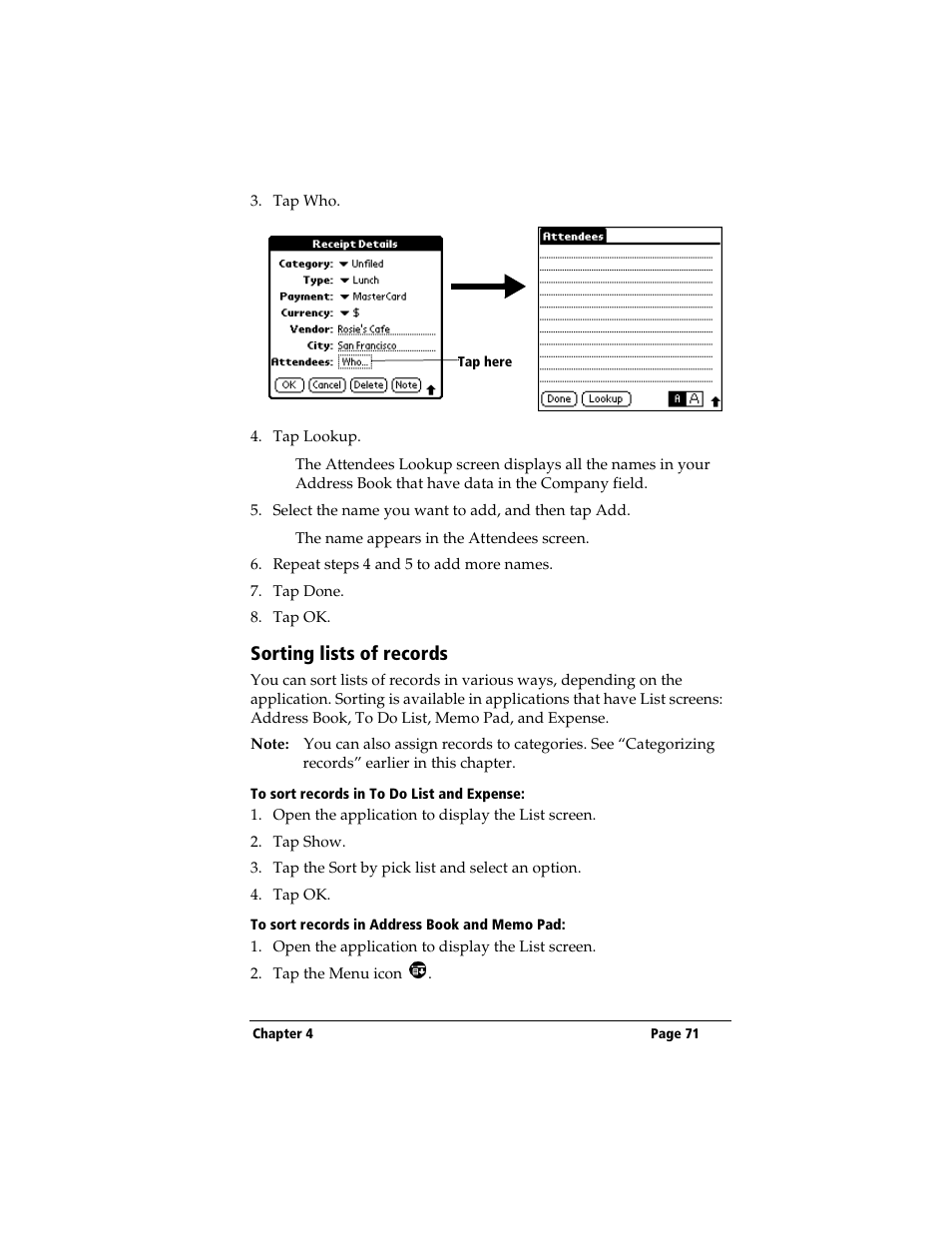 Sorting lists of records, To sort records in to do list and expense, To sort records in address book and memo pad | 3Com TRGpro User Manual | Page 79 / 260