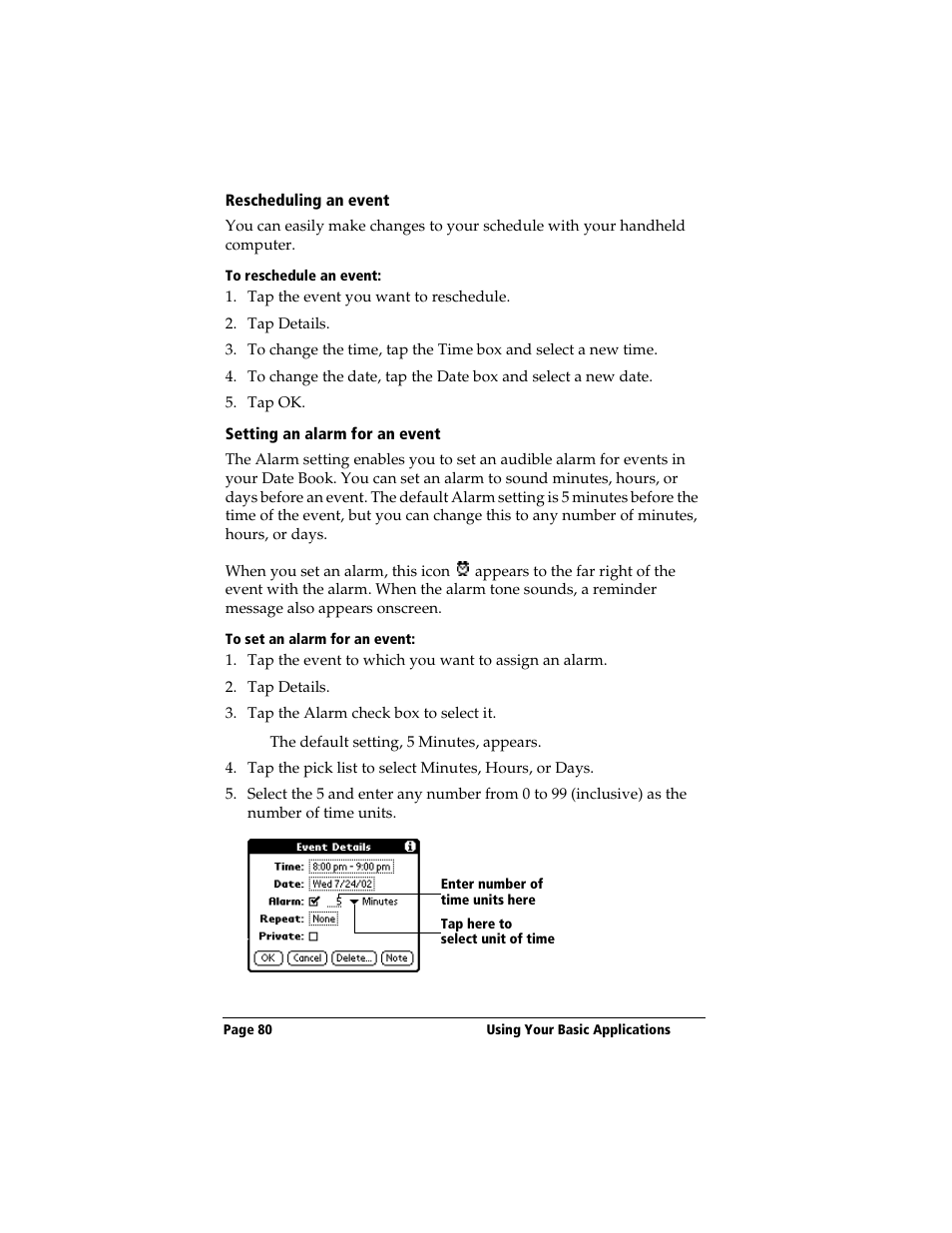 Rescheduling an event, To reschedule an event, Setting an alarm for an event | To set an alarm for an event | 3Com TRGpro User Manual | Page 88 / 260