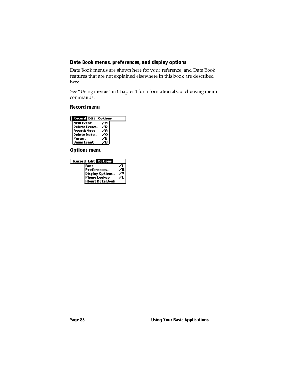 Date book menus, preferences, and display options, Record menu, Options menu | 3Com TRGpro User Manual | Page 94 / 260