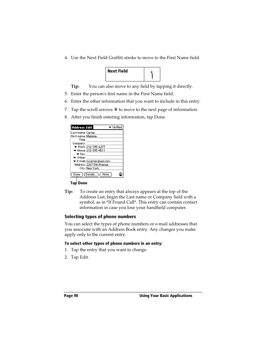 Selecting types of phone numbers, To select other types of phone numbers in an entry | 3Com TRGpro User Manual | Page 98 / 260