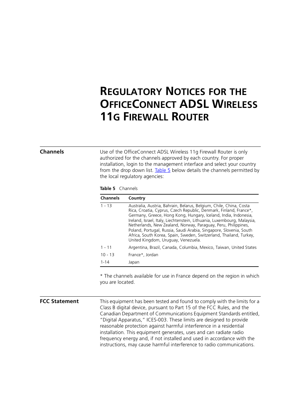 Egulatory, Otices, Ffice | Onnect, Adsl, Ireless, Irewall, Outer, Fcc statement, Channels 105 | 3Com 3CRWE754G72-A User Manual | Page 105 / 110