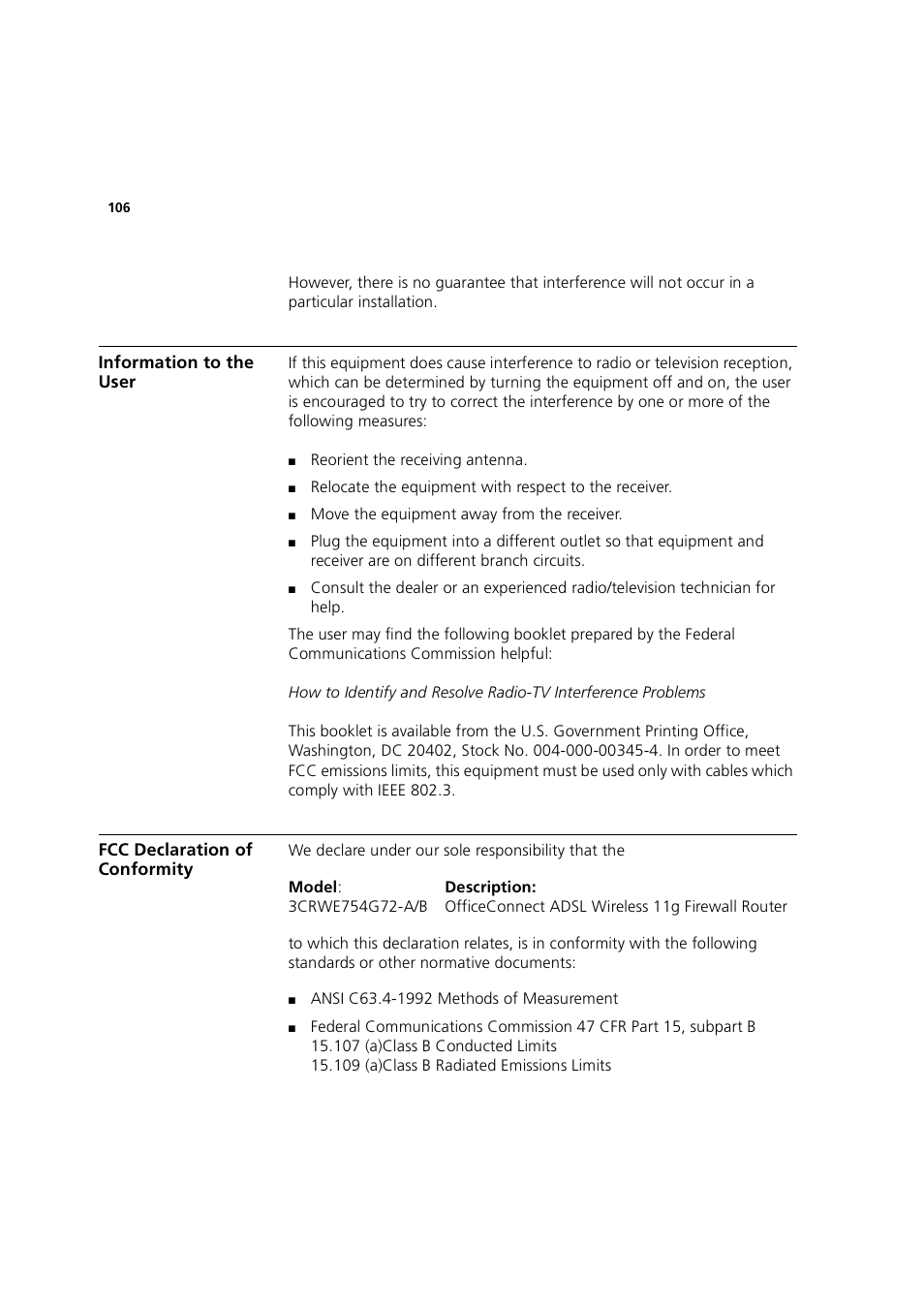 Information to the user, Fcc declaration of conformity | 3Com 3CRWE754G72-A User Manual | Page 106 / 110