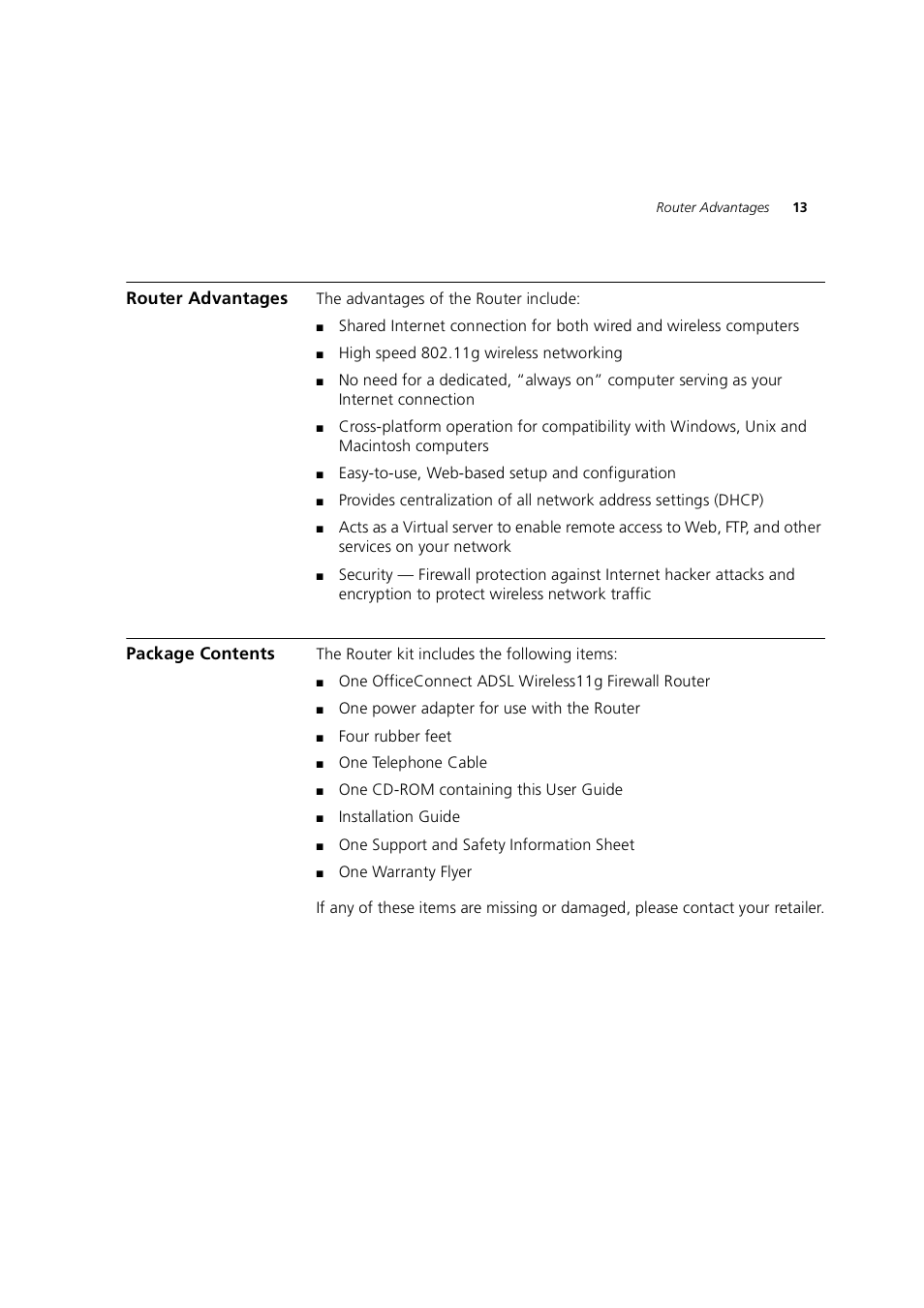 Router advantages, Package contents | 3Com 3CRWE754G72-A User Manual | Page 13 / 110