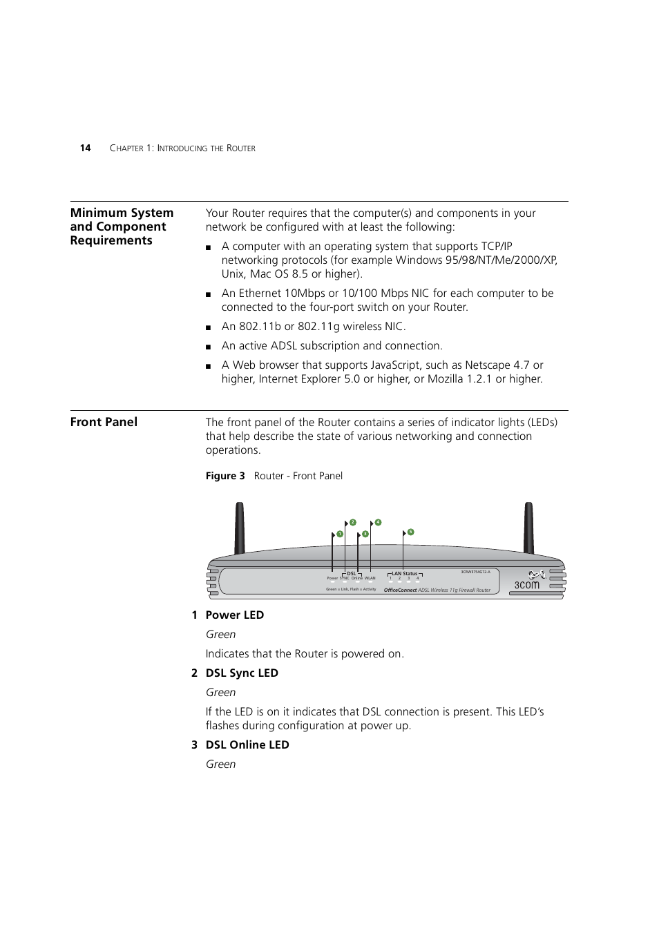 Minimum system and component requirements, Front panel, An active adsl subscription and connection | Figure 3 router - front panel | 3Com 3CRWE754G72-A User Manual | Page 14 / 110