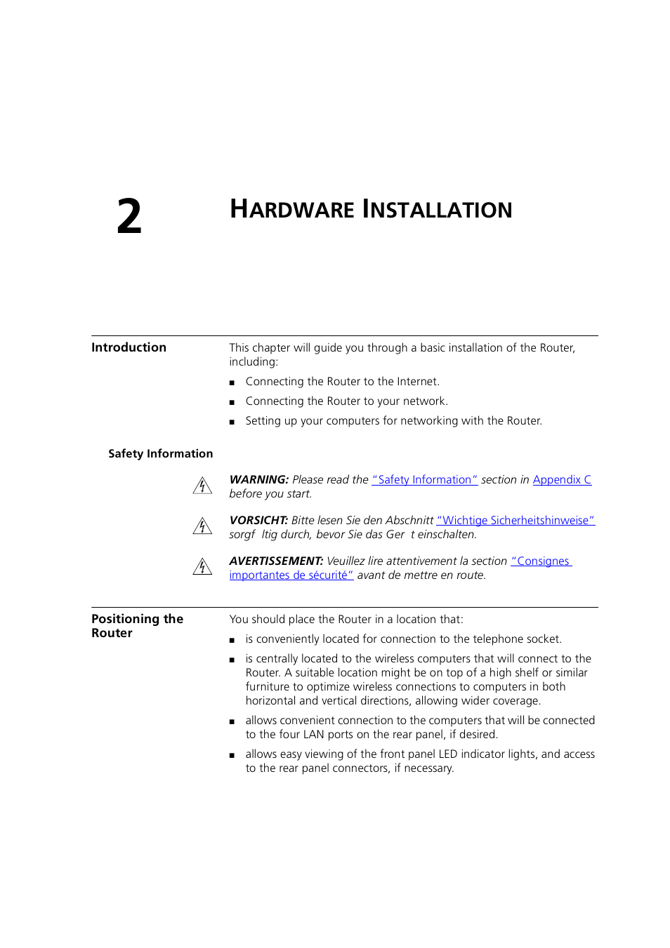 Hardware installation, Introduction, Safety information | Positioning the router, Ardware, Nstallation | 3Com 3CRWE754G72-A User Manual | Page 17 / 110