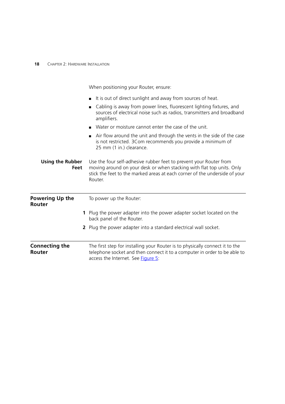 Using the rubber feet, Powering up the router, Connecting the router | 3Com 3CRWE754G72-A User Manual | Page 18 / 110