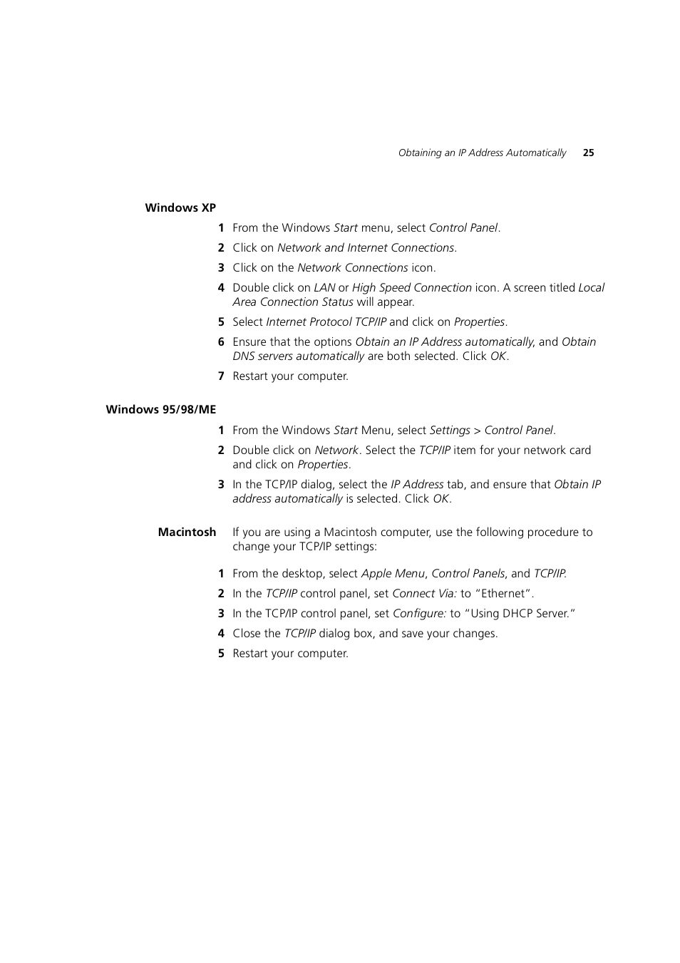Windows xp, Windows 95/98/me, Macintosh | 3Com 3CRWE754G72-A User Manual | Page 25 / 110