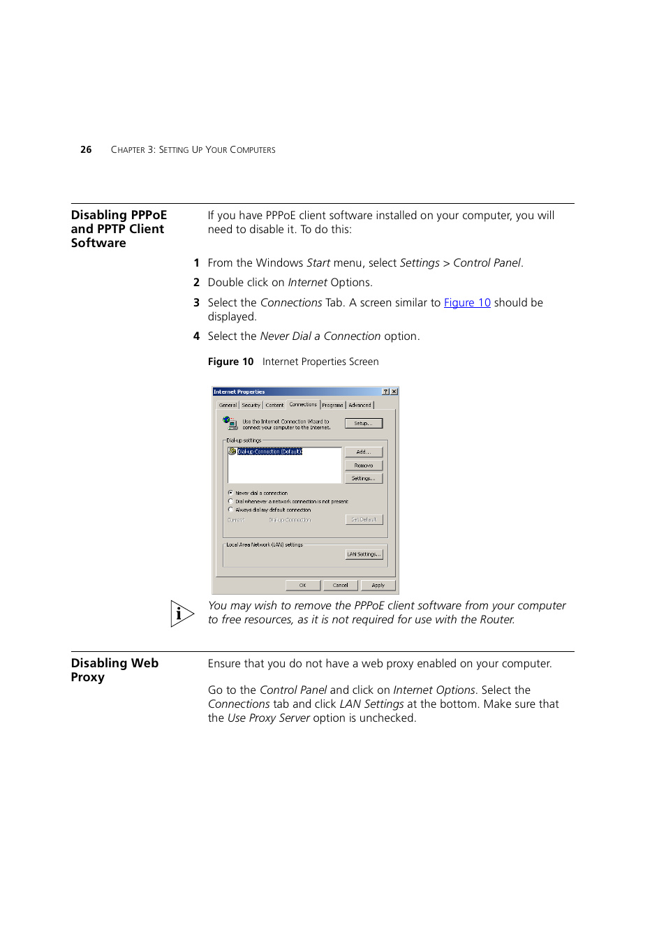 Disabling pppoe and pptp client software, Disabling web proxy | 3Com 3CRWE754G72-A User Manual | Page 26 / 110
