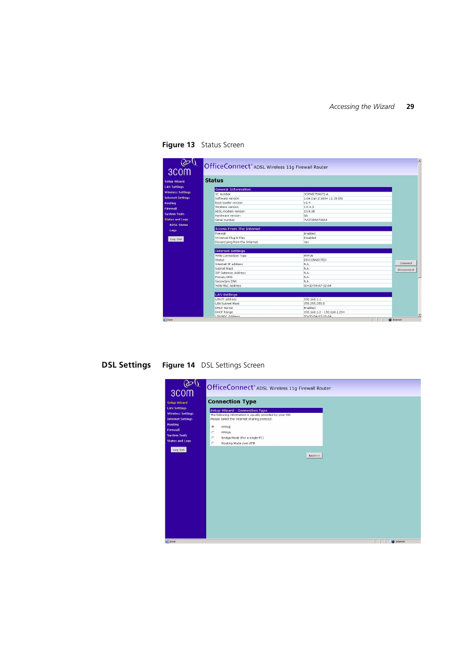 Dsl settings, Figure 13, Figure 14 | 3Com 3CRWE754G72-A User Manual | Page 29 / 110