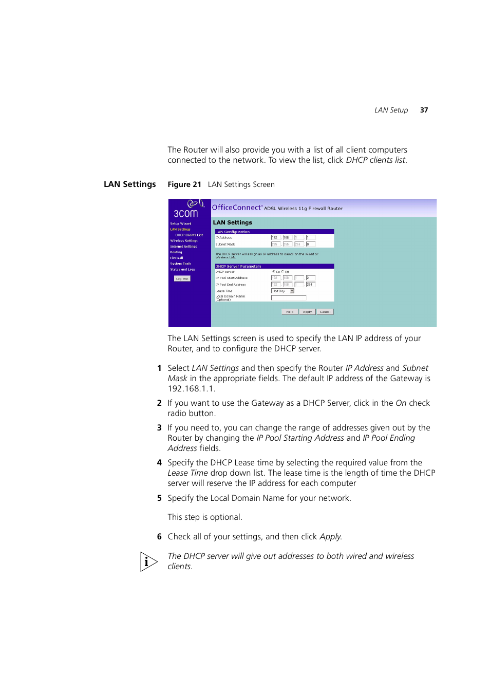Lan settings | 3Com 3CRWE754G72-A User Manual | Page 37 / 110