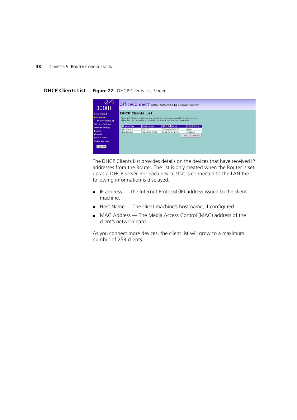 Dhcp clients list | 3Com 3CRWE754G72-A User Manual | Page 38 / 110