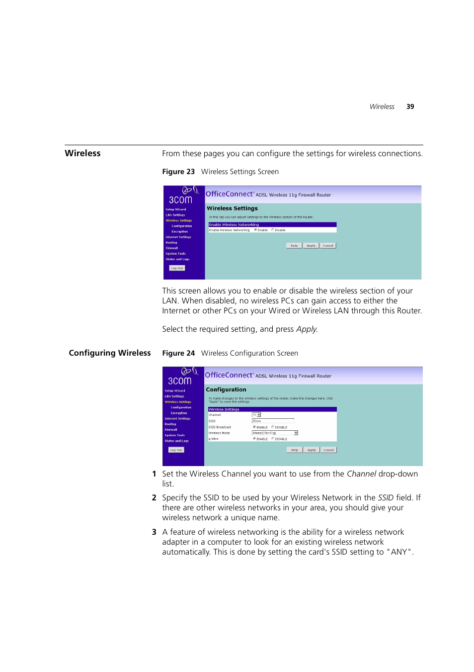 Wireless, Configuring wireless | 3Com 3CRWE754G72-A User Manual | Page 39 / 110