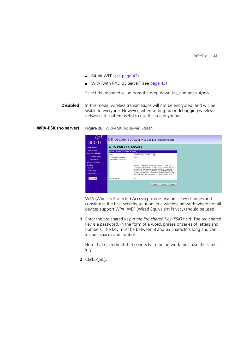 Disabled, Wpa-psk (no server) | 3Com 3CRWE754G72-A User Manual | Page 41 / 110