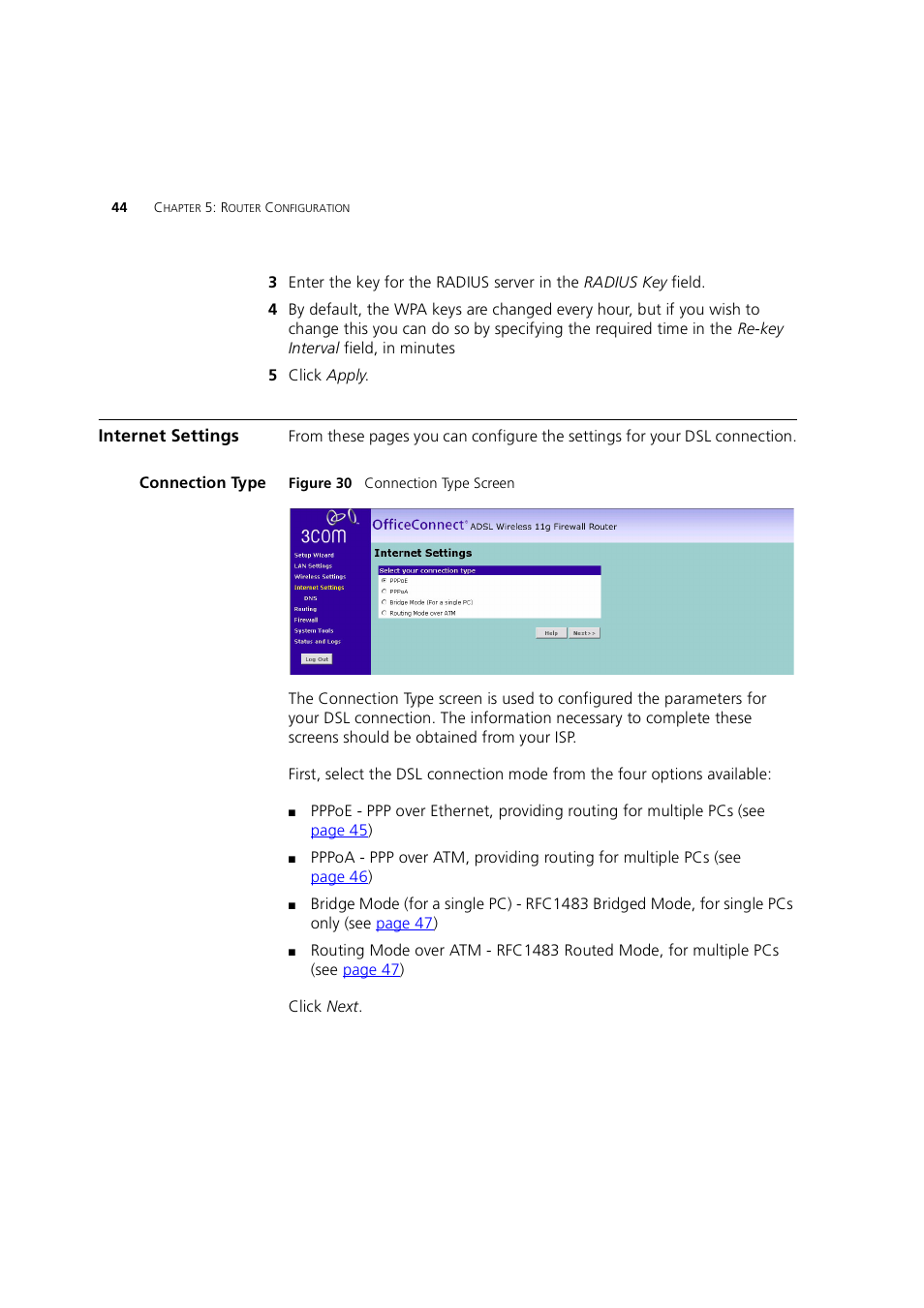 Internet settings, Connection type | 3Com 3CRWE754G72-A User Manual | Page 44 / 110