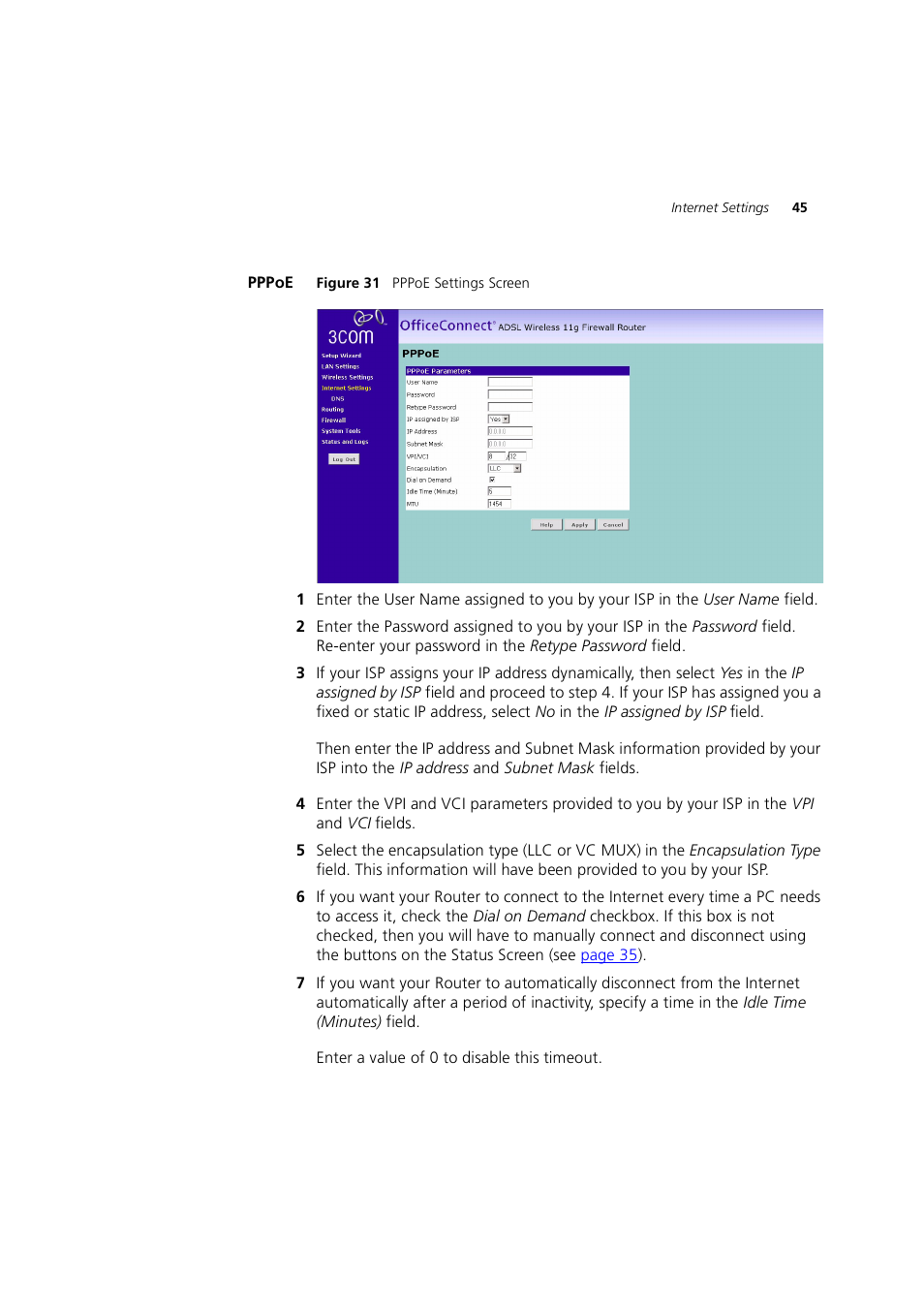 Pppoe | 3Com 3CRWE754G72-A User Manual | Page 45 / 110