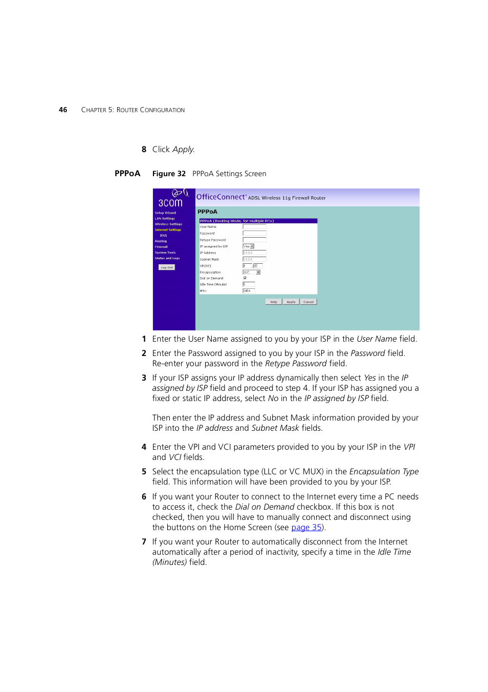 Pppoa | 3Com 3CRWE754G72-A User Manual | Page 46 / 110