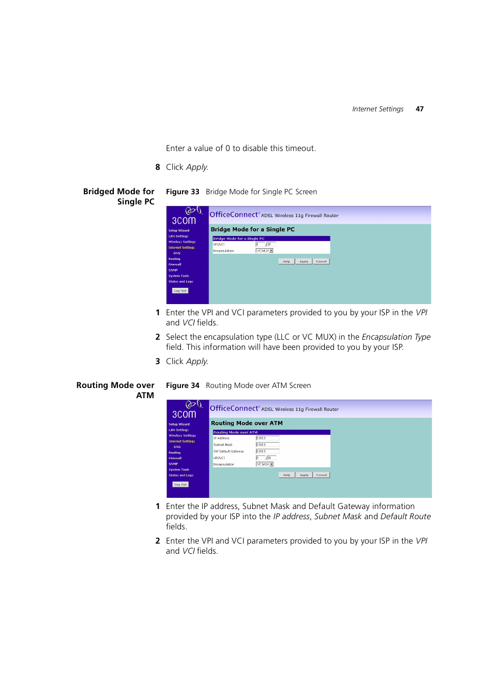 Bridged mode for single pc, Routing mode over atm | 3Com 3CRWE754G72-A User Manual | Page 47 / 110