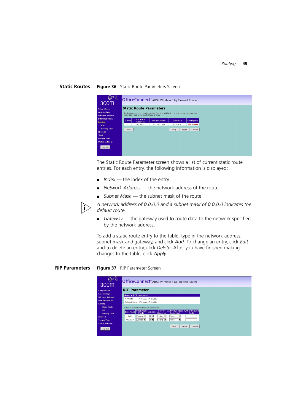 Static routes, Rip parameters | 3Com 3CRWE754G72-A User Manual | Page 49 / 110