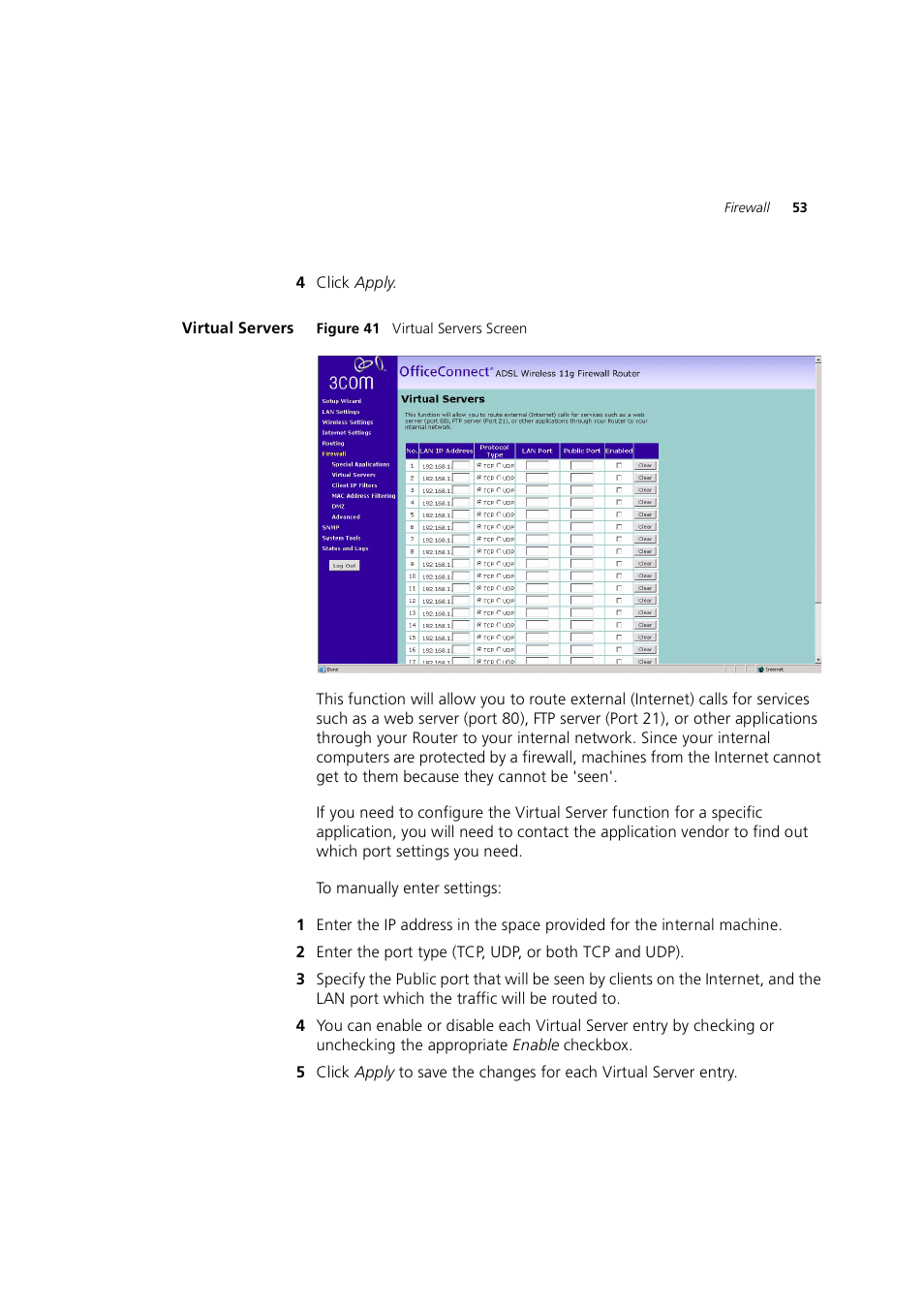 Virtual servers | 3Com 3CRWE754G72-A User Manual | Page 53 / 110