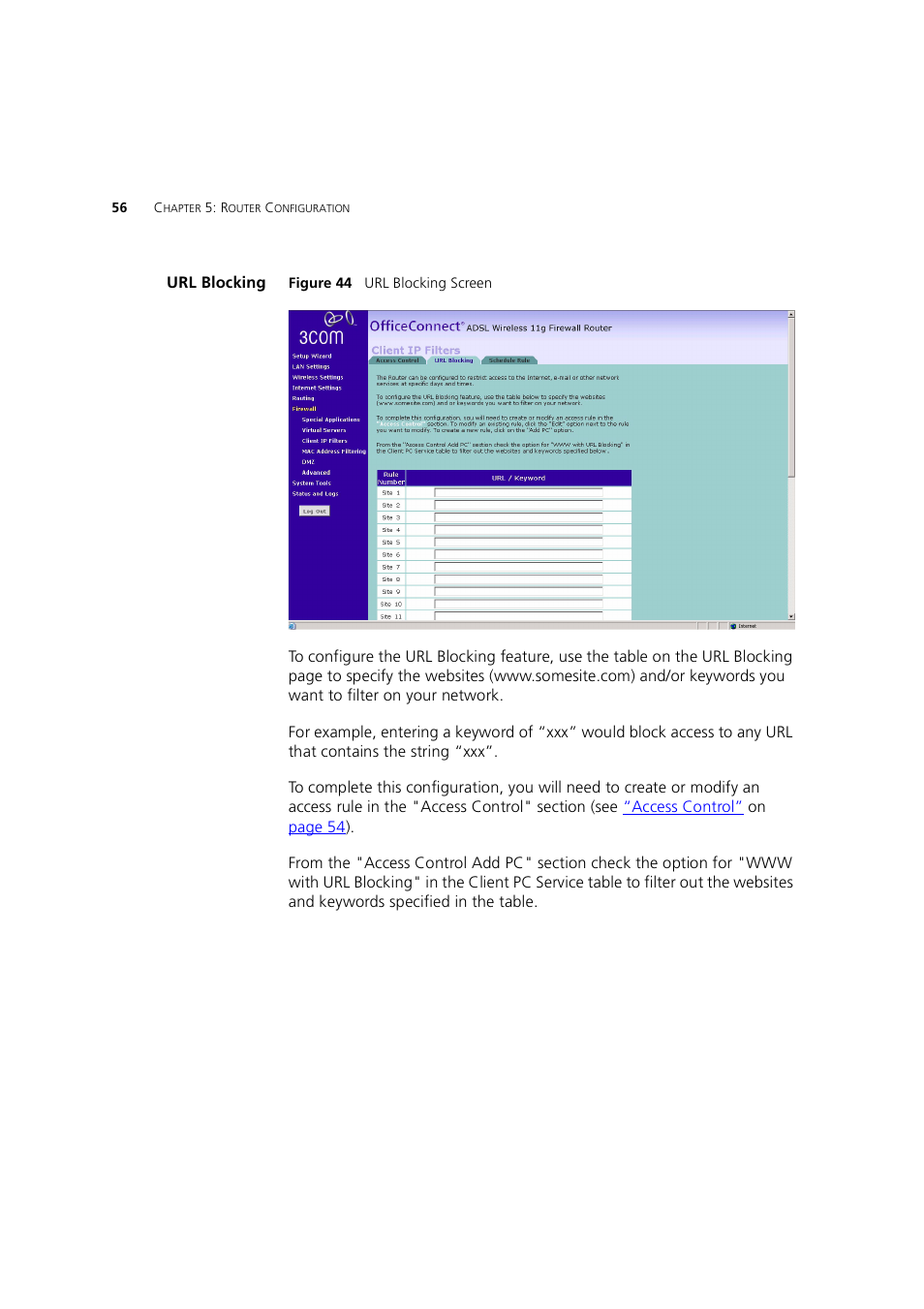 Url blocking | 3Com 3CRWE754G72-A User Manual | Page 56 / 110