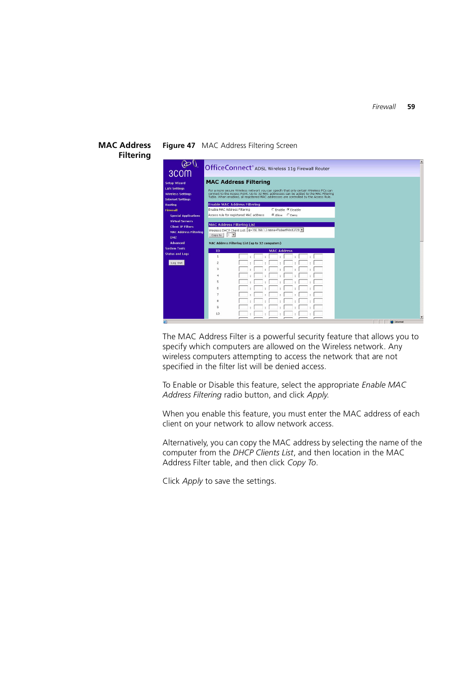 Mac address filtering | 3Com 3CRWE754G72-A User Manual | Page 59 / 110