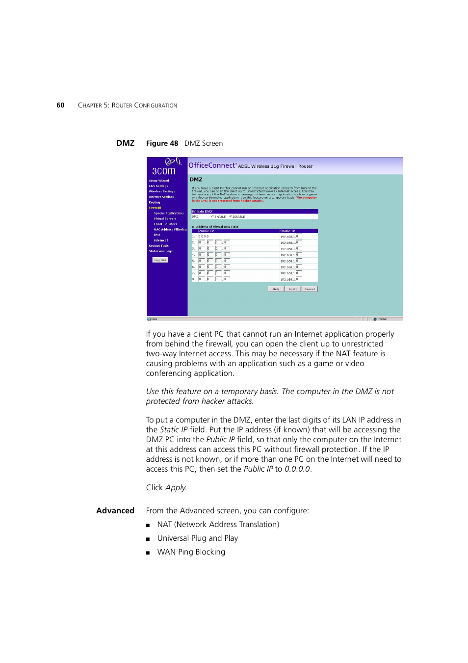 Advanced | 3Com 3CRWE754G72-A User Manual | Page 60 / 110