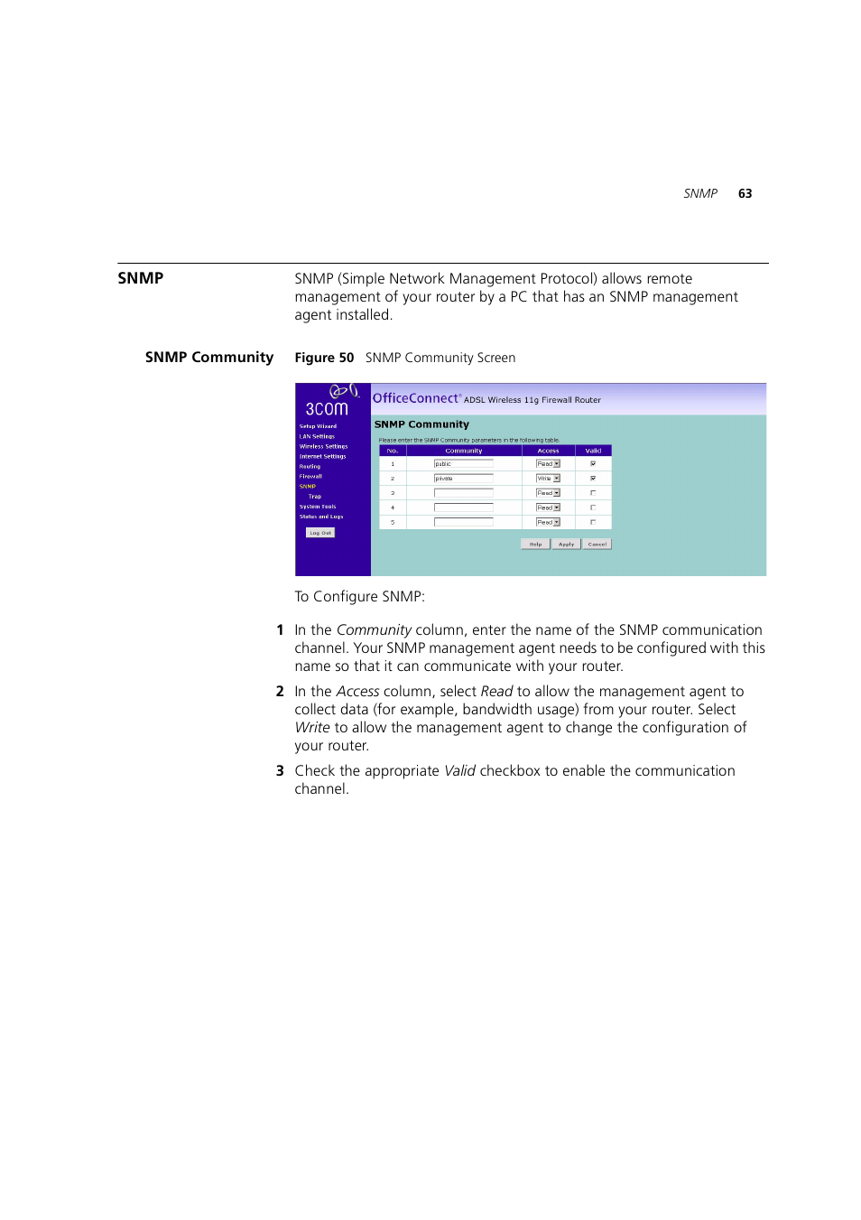 Snmp, Snmp community | 3Com 3CRWE754G72-A User Manual | Page 63 / 110