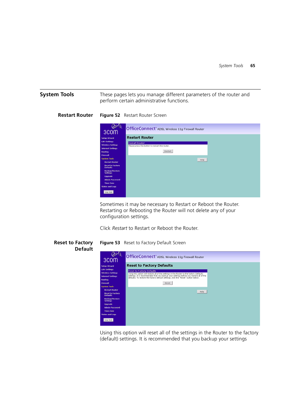System tools, Restart router, Reset to factory default | 3Com 3CRWE754G72-A User Manual | Page 65 / 110