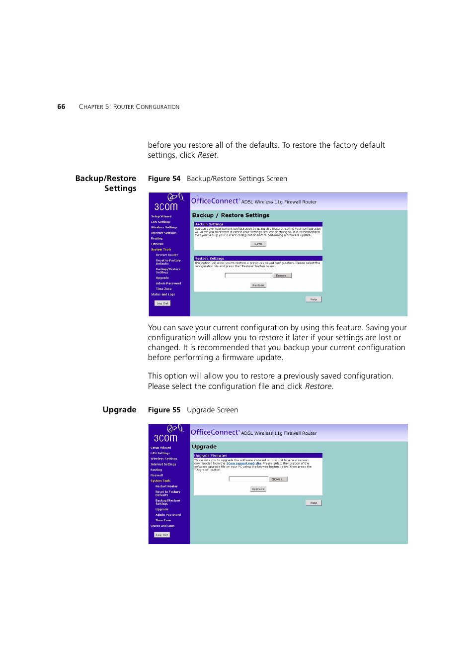 Backup/restore settings, Upgrade | 3Com 3CRWE754G72-A User Manual | Page 66 / 110