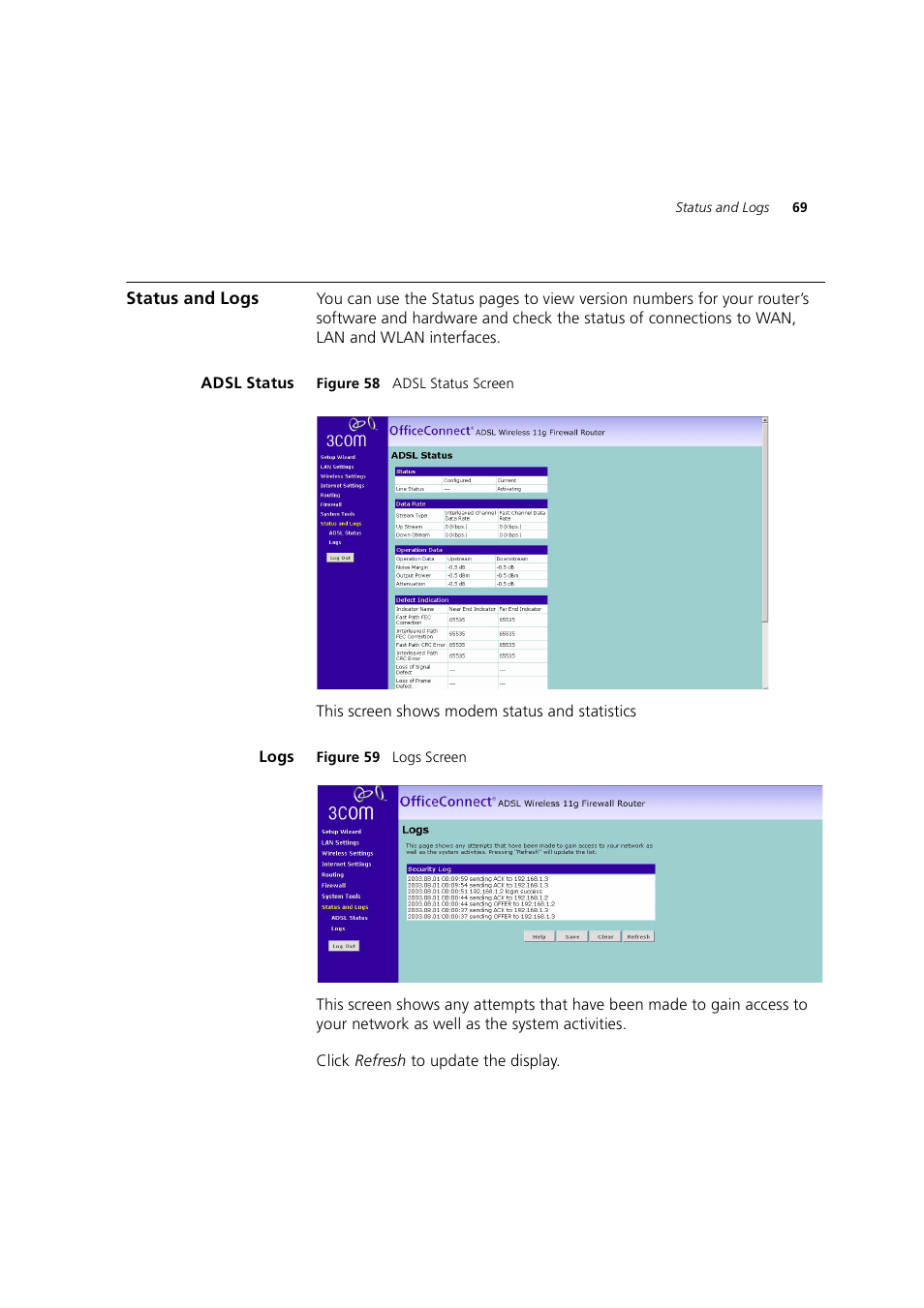 Status and logs, Adsl status, Logs | 3Com 3CRWE754G72-A User Manual | Page 69 / 110