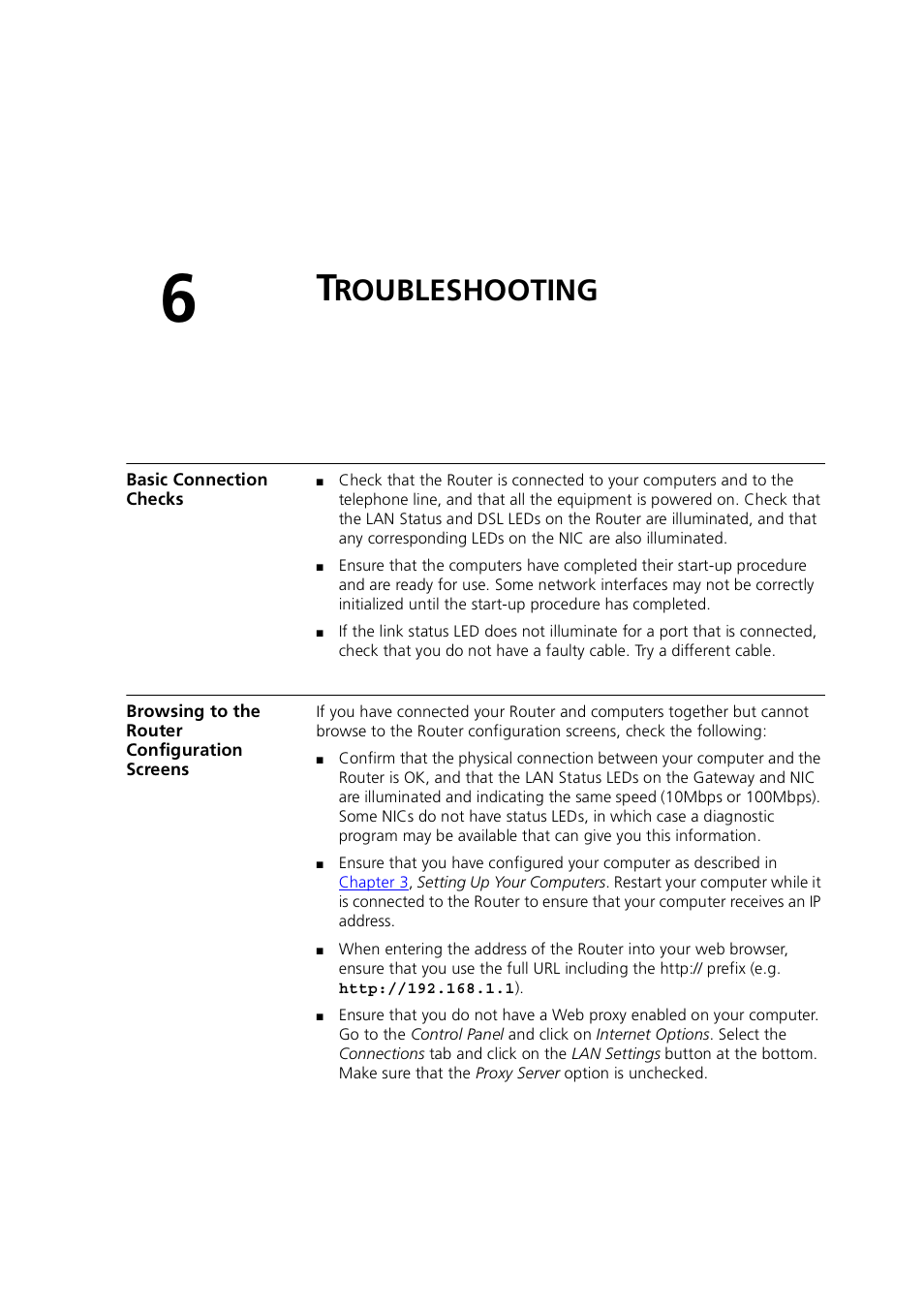 Troubleshooting, Basic connection checks, Browsing to the router configuration screens | Roubleshooting, Chapter 6 | 3Com 3CRWE754G72-A User Manual | Page 71 / 110