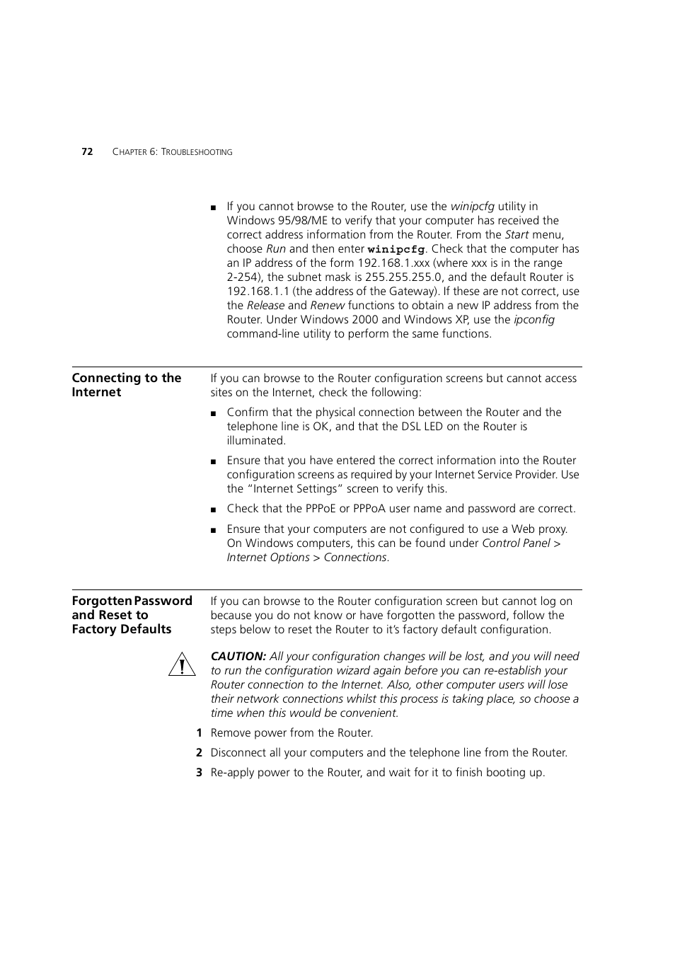 Connecting to the internet, Forgotten password and reset to factory defaults, Forgotten password | And reset to factory defaults | 3Com 3CRWE754G72-A User Manual | Page 72 / 110