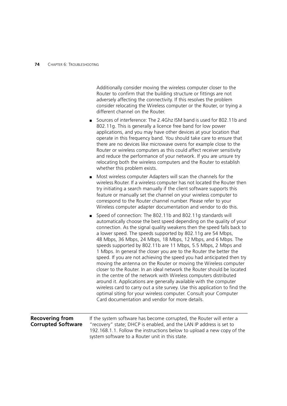 Recovering from corrupted software | 3Com 3CRWE754G72-A User Manual | Page 74 / 110