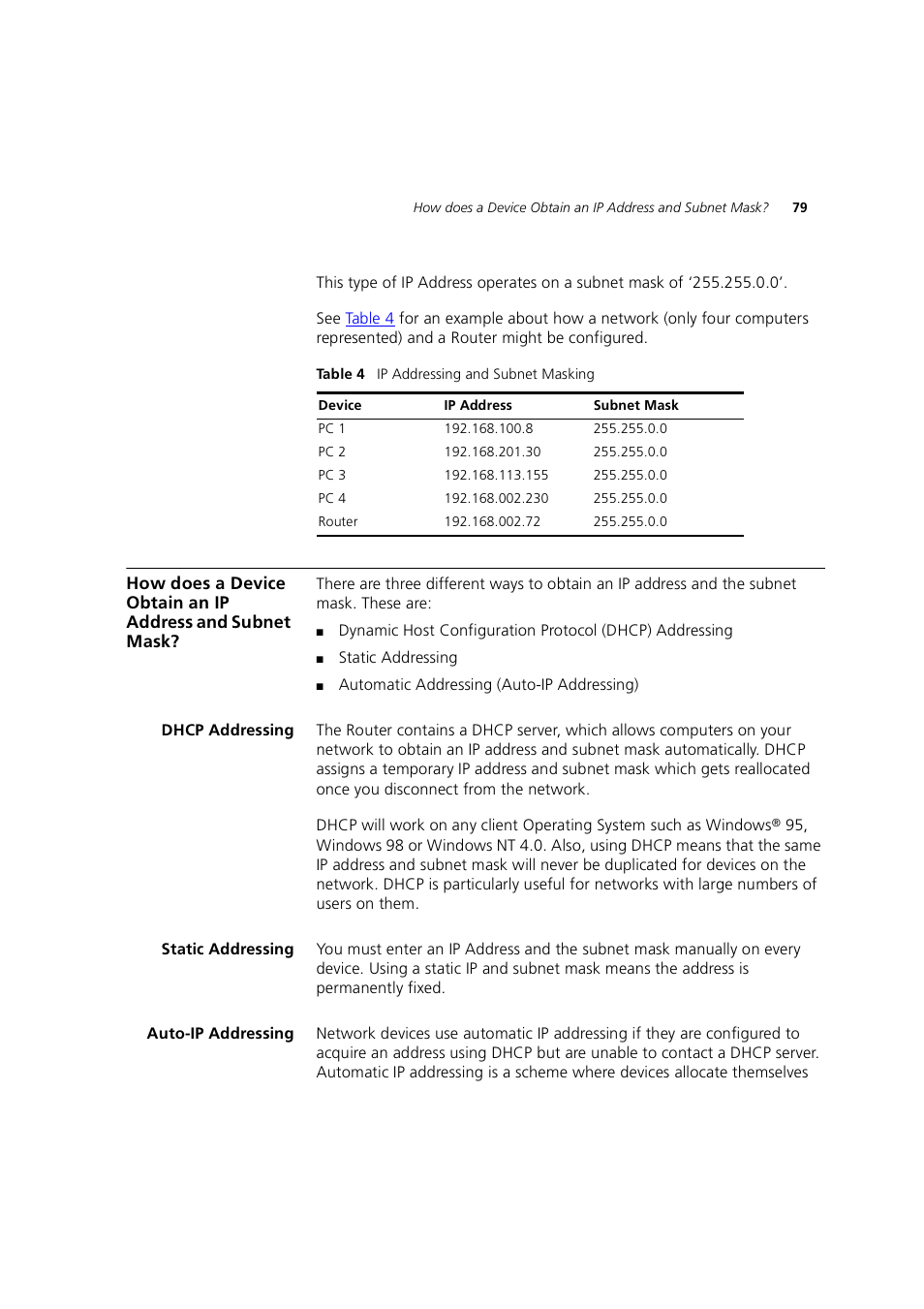 Dhcp addressing, Static addressing, Auto-ip addressing | 3Com 3CRWE754G72-A User Manual | Page 79 / 110