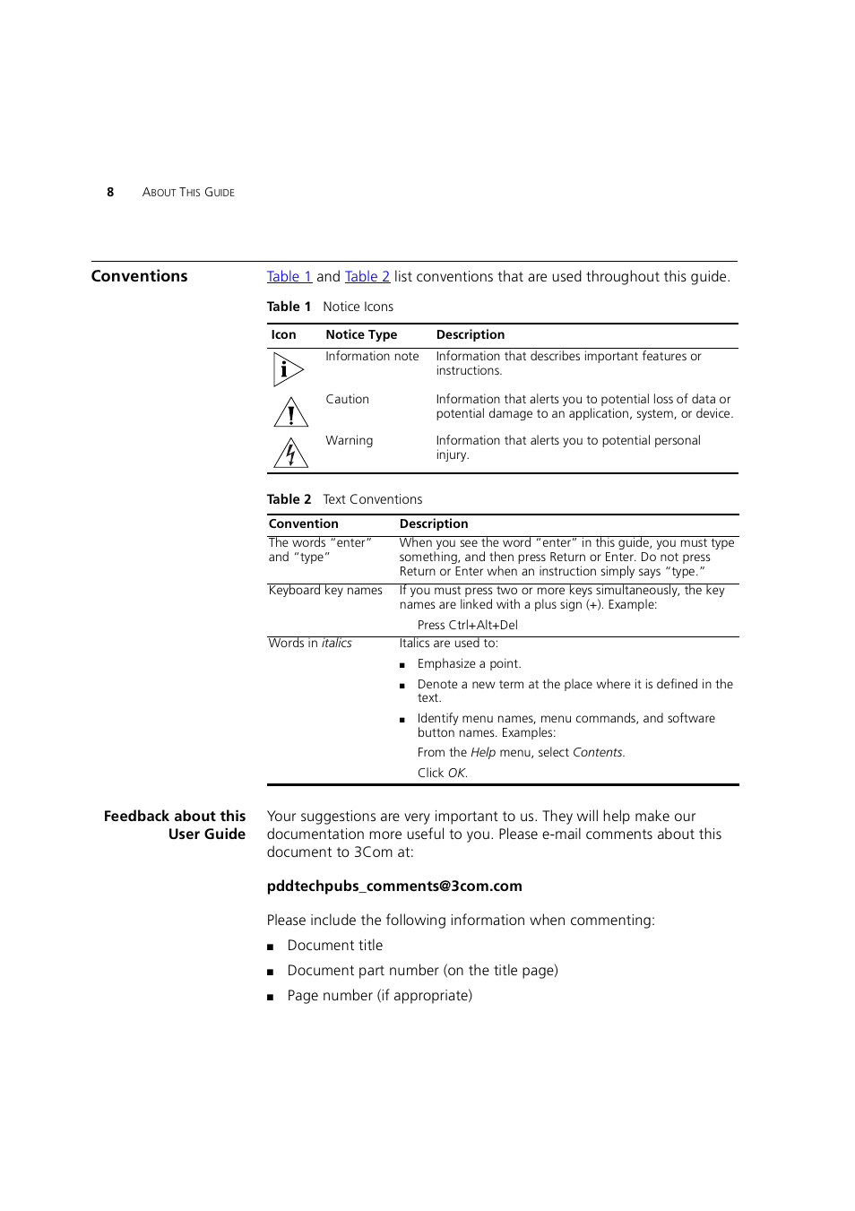 Conventions, Feedback about this user guide | 3Com 3CRWE754G72-A User Manual | Page 8 / 110