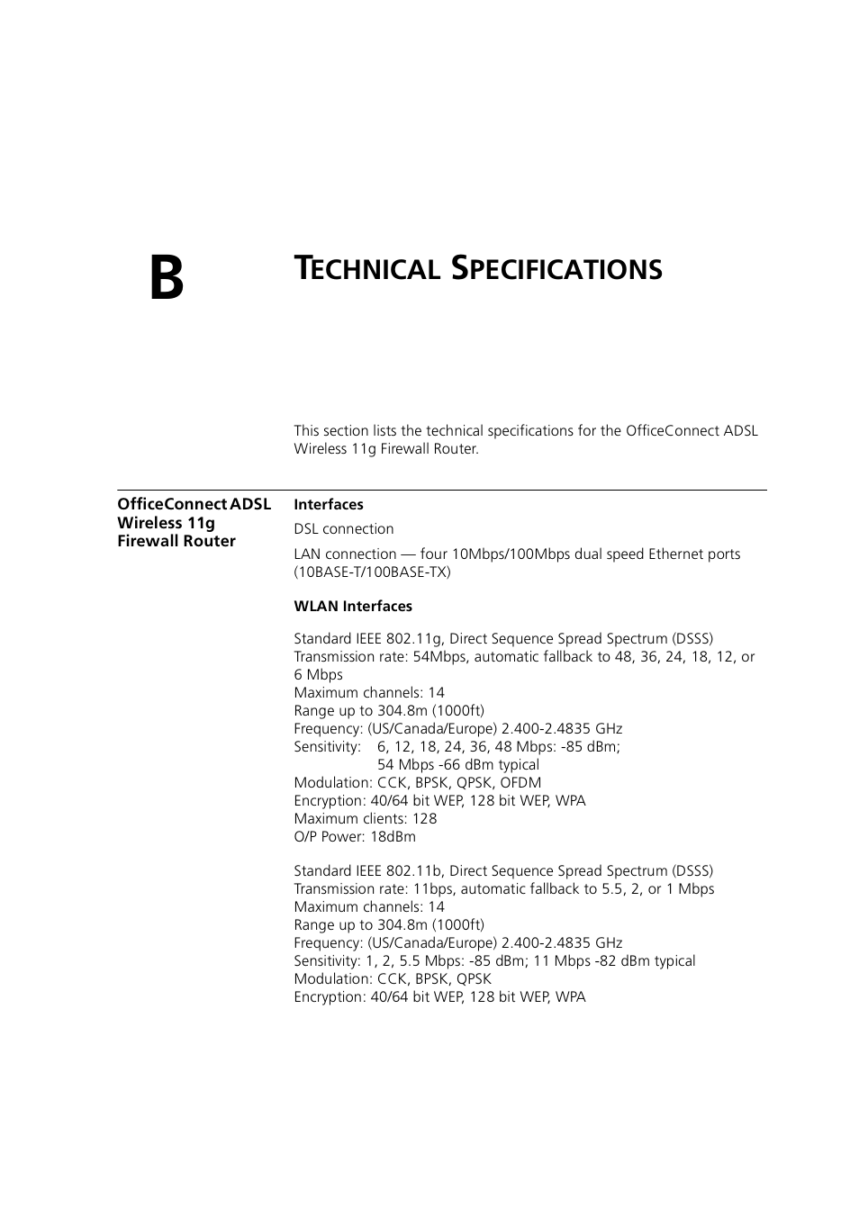 Technical specifications, Officeconnect adsl wireless 11g firewall router, Echnical | Pecifications | 3Com 3CRWE754G72-A User Manual | Page 81 / 110